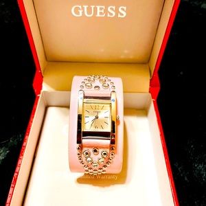 Guess Ladies Watch Pink Leather Rhinestone Studded Band Needs Battery